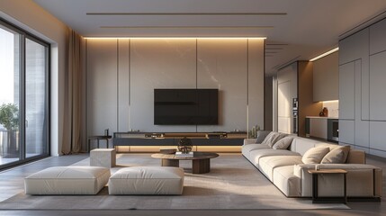 Poster - A modern living room with a large flat screen TV and a couch. The room has a minimalist design with white furniture and a neutral color palette. The atmosphere is calm and relaxing