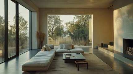 Poster - A large living room with a fireplace and a window. The room is very spacious and has a modern design. The furniture is white and the room has a warm and inviting atmosphere