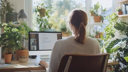 Wall Mural - A woman sits at a desk in front of a computer, taking part in a video call. She is surrounded by plants and a bright window.