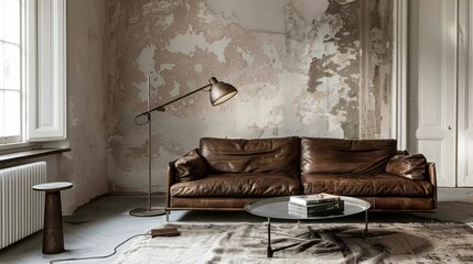 Poster - A living room with a brown leather couch and a coffee table. The couch is positioned in front of a window, and there is a lamp on the floor. The room has a cozy and inviting atmosphere