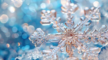 Poster - A snowflake is floating in the air above a blue background. The snowflake is made of clear glass and has a shiny, reflective surface. The blue background adds a sense of calmness