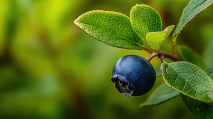 Poster - A blueberry is hanging from a leaf