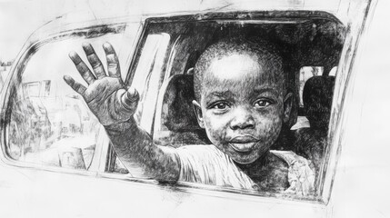 Poster - A child is waving from the window of a car