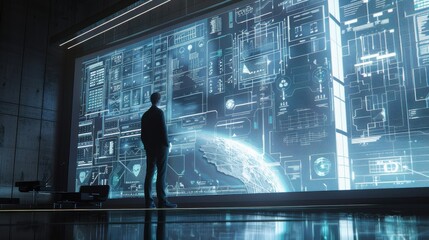 Fototapete - A man stands in front of a large computer monitor displaying a planet and a man's face. The man is looking at the monitor, possibly observing the planet or the data displayed on the screen