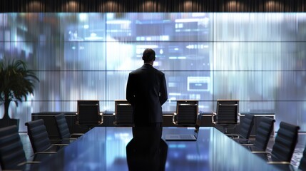 Poster - A man in a suit stands in front of a large conference table. The room is filled with chairs and a large screen on the wall. The man is waiting for something or someone