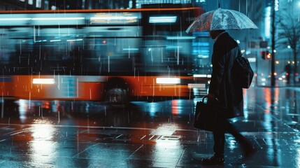 Poster - A man walks down a wet street with an umbrella and a briefcase. The scene is dark and rainy, with the man's umbrella providing some protection from the rain