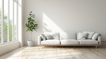 Poster - A large white couch sits in a room with a window and a potted plant. The room is clean and bright, giving off a feeling of calm and relaxation