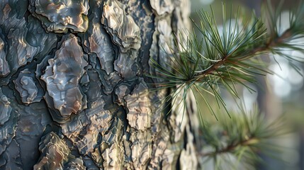 Aufkleber - A tree trunk with a rough bark and a green leaf on top. The bark is brown and has a lot of texture