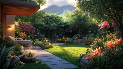 Poster - A beautiful garden with a stone path leading to a patio with a bench