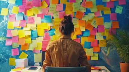 Poster - Office worker focuses on tasks surrounded by a vibrant wall of sticky notes in a creative workspace during the day