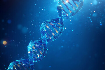 Poster - A shimmering DNA double helix against a blue background, symbolizing genetics and biology.