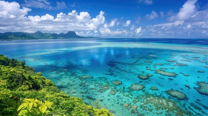 Aufkleber - A beautiful blue ocean with a green forest in the background. The water is calm and clear, and the sky is filled with clouds. The scene is peaceful and serene, and it conveys a sense of tranquility