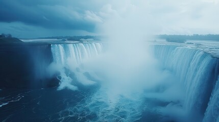 Poster - A waterfall is shown in the distance with a cloudy sky in the background. The water is crashing down the waterfall, creating a misty and dramatic atmosphere