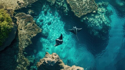 Poster - Two manta rays swimming in the ocean. The water is clear and blue. The sky is blue and the sun is shining