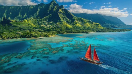 Poster - A sailboat is sailing in the ocean near a mountain range. The sky is clear and the water is blue
