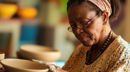 Poster - A woman is sitting at a table and working on a pottery project. She is wearing glasses and a head scarf