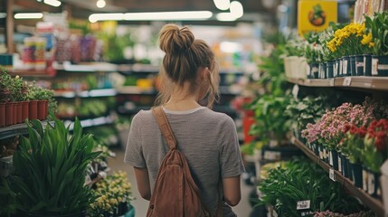 A woman is shopping in a store with a green plant in her hand. She is looking at the plants and seems to be interested in them