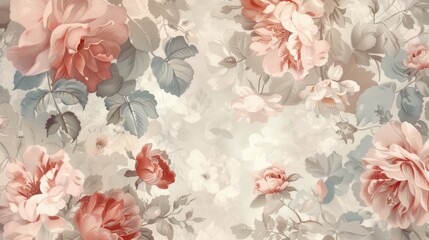 Poster - A vintage floral wallpaper pattern with pastel roses and soft green leaves on a muted background creating a timeless aesthetic