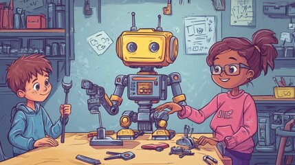 Leinwandbilder - A boy and a girl are working on a robot