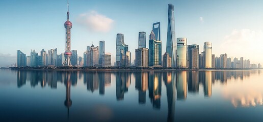 Poster - A panoramic view of the Shanghai skyline at sunrise, with the iconic Oriental Pearl Tower and the skyscrapers reflected in the calm water.
