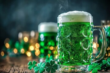 A close-up of a frothy green beer in a festive mug, placed on a wooden table with shamrock decorations.