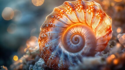 Poster - A close-up view of a nautilus shell split open, showcasing its intricate spiral and smooth textures in warm ambient lighting