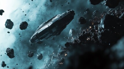 Poster - A spaceship navigates through a dangerous asteroid field, skillfully avoiding debris in deep space during an exploratory mission
