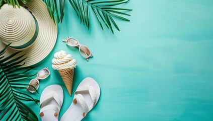 Summer flat lay banner with beach accessories sunglasses sun hat beach shoes sandalsice cream white bag top view on mint background copy space Summer vacation concept aesthetic minimal 