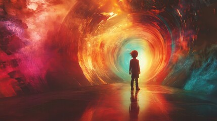 Poster - A child stands in vibrant colors, surrounded by swirling portals, inviting a journey into magical realms of imagination
