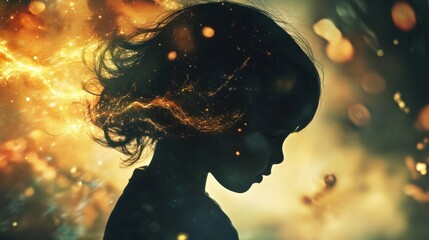 Poster - A child with telekinetic powers surrounded by floating objects and sparkling energy evokes wonder in a double exposure composition
