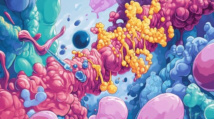 Poster - A colorful cartoon representation of a protein interacting with an enzyme in a vibrant laboratory environment
