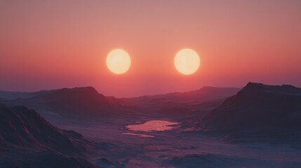 Poster - A stunning view of a binary star system setting over a desert planet's horizon with vibrant colors illuminating the landscape