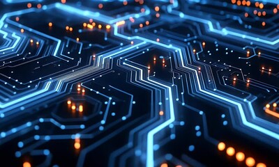 Poster - Blue technology background with circuit board lines and glowing dots on dark blue background vector illustration