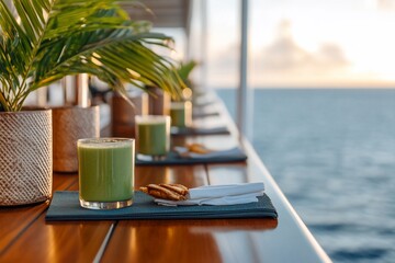 Green juice and crackers on a table with an ocean view.