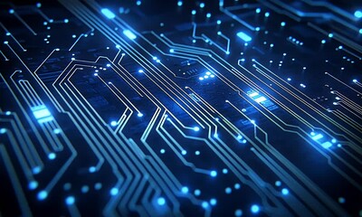 Poster - Blue technology background with circuit board lines and glowing dots on dark blue background vector illustration