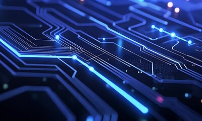Poster - Blue technology background with circuit board lines and glowing dots on dark blue background vector illustration