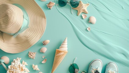 Summer flat lay banner with beach accessories sunglasses sun hat beach shoes sandalsice cream white bag top view on mint background copy space Summer vacation concept aesthetic minimal 