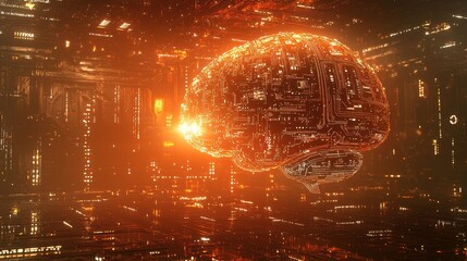 Poster - 3D Floating AI Brain with Digital Circuits and Glow