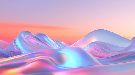 Poster - Surreal landscape of holographic neon light with smooth, flowing forms under pastel sky. vibrant colors create dreamlike atmosphere, evoking sense of wonder and tranquility