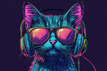 Naklejka na meble A vibrant, stylized cat wearing headphones and sunglasses against a dark background.