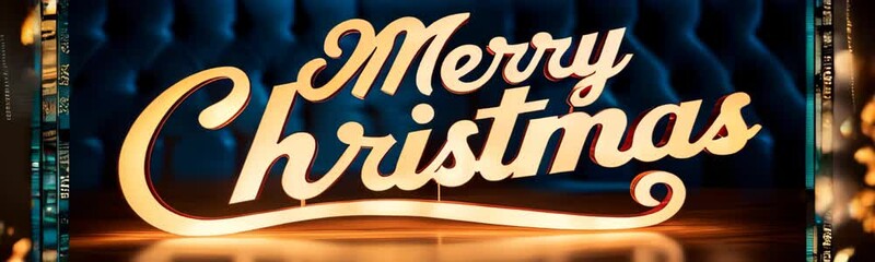 cinematic Merry Christmas greeting in golden script set against dark festive background, enhanced with an old film reel effect. Subtle film grain and warm lights add a nostalgic, vintage holiday fee