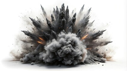 Wall Mural - Symmetrical exploding black rock with dust isolated on white background