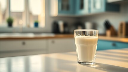 Poster - Morning Calm with Glass of Milk in Sunlit Kitchen Creating Warm Atmosphere : Generative AI