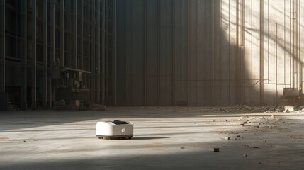 Poster - maintenance robot surveys remnants of construction site, surrounded by shadows and light. Its presence highlights blend of technology and industry in serene yet abandoned environment