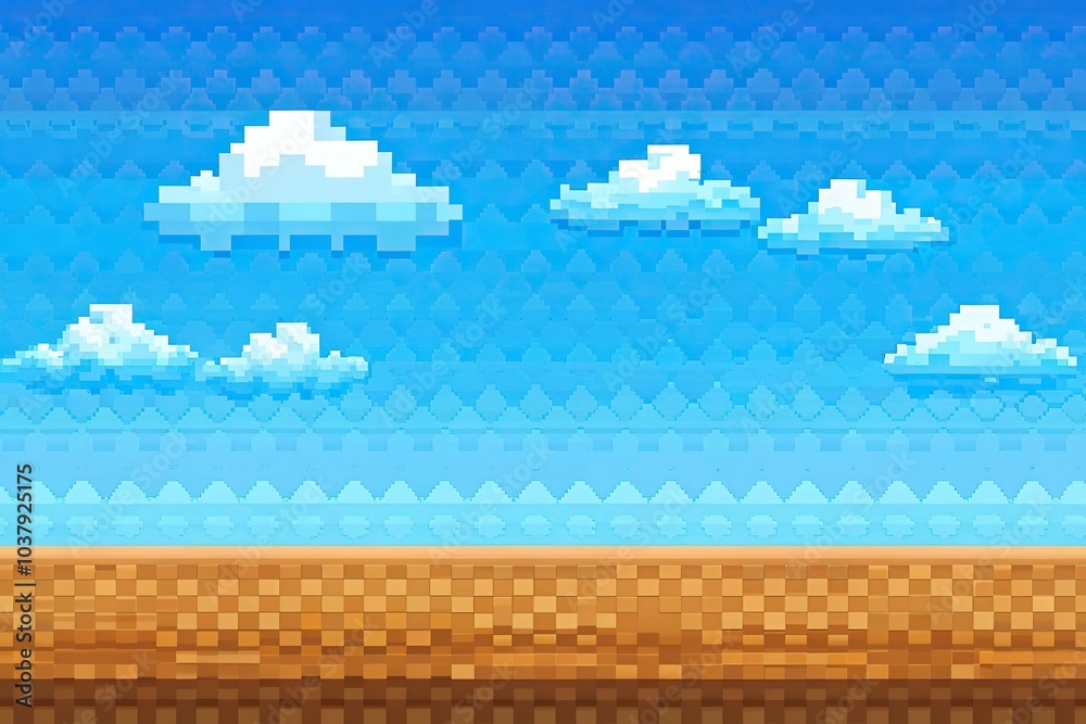 Tilted angle pixel art seamless background with blue sky and ground ...