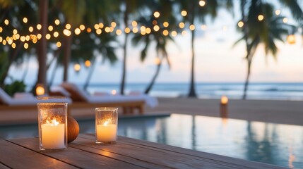 Two candles on a wooden table overlooking a pool and beach at dusk with string lights and palm trees.