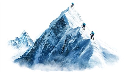 Canvas Print - A steep snowy mountain with climbers ascending, extreme sports, photorealistic style, icy tones, isolated on white background  