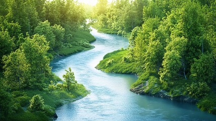 A serene river winding through a forest, natural landscape, photorealistic style, soft greens and blues, isolated on white background 