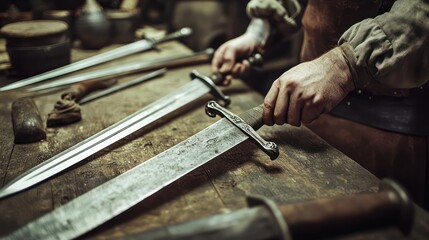 A man is holding a sword and standing in front of a table with other swords