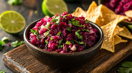 Beetroot salsa with tortilla chips, isolated on a wooden board with cilantro and lime